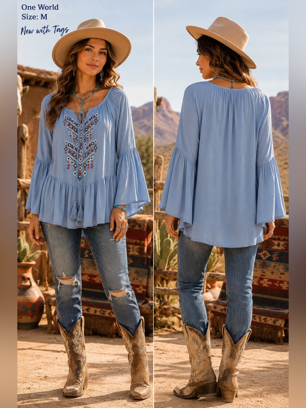 One World Embroidered Boho Peasant Top Blue Rayon Medium New western chic flowy